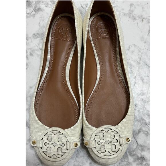 Tory Burch Mini Miller Flats Logo Medallion 9M Cream Embossed Reptile Leather - Picture 8 of 11